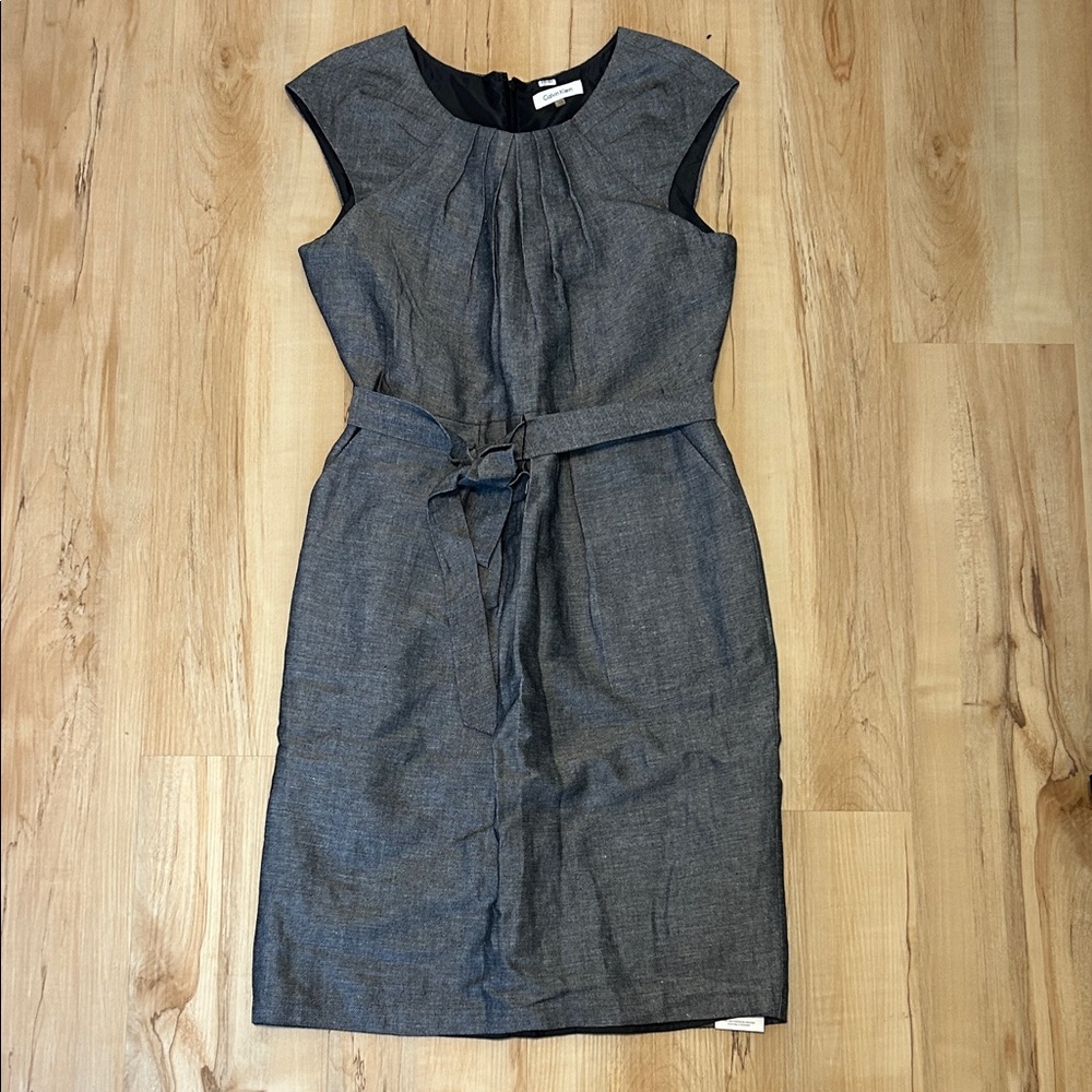 Calvin Klein Charcoal Gray Cap-Sleeve Sheath Dress with Waist Tie